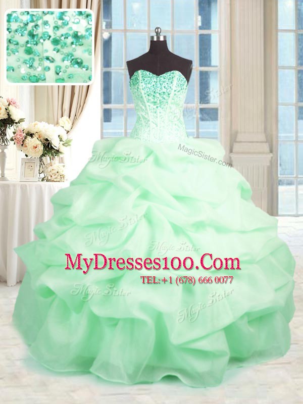 Fashion Apple Green Ball Gowns Sweetheart Sleeveless Organza Floor Length Lace Up Beading and Ruffles Quinceanera Dresses