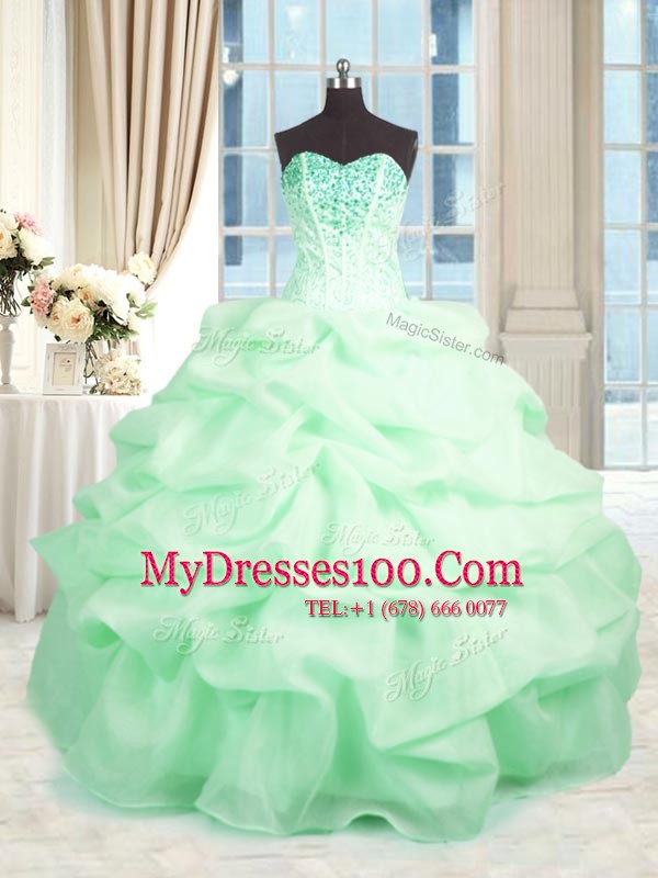 Fashion Apple Green Ball Gowns Sweetheart Sleeveless Organza Floor Length Lace Up Beading and Ruffles Quinceanera Dresses