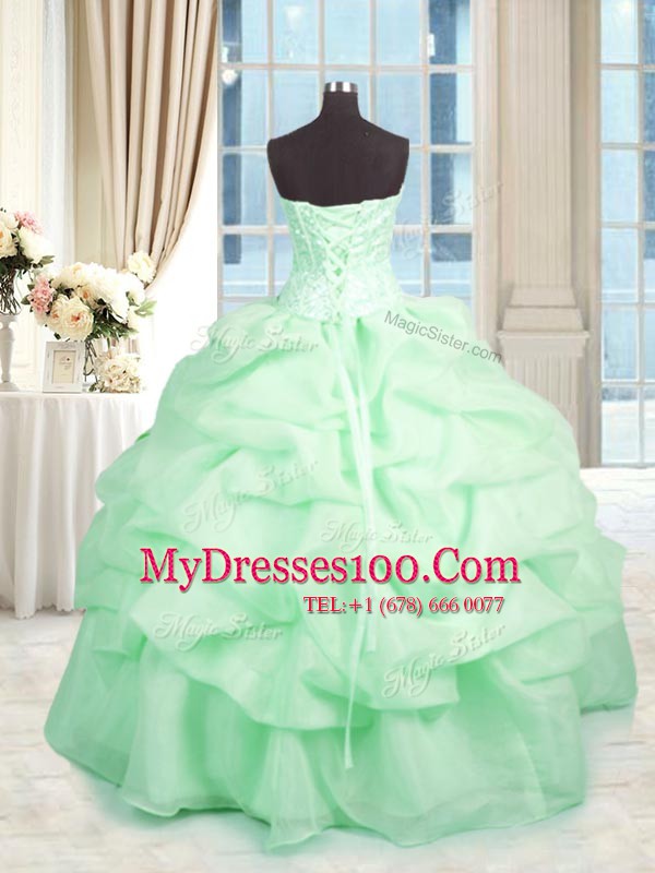 Fashion Apple Green Ball Gowns Sweetheart Sleeveless Organza Floor Length Lace Up Beading and Ruffles Quinceanera Dresses