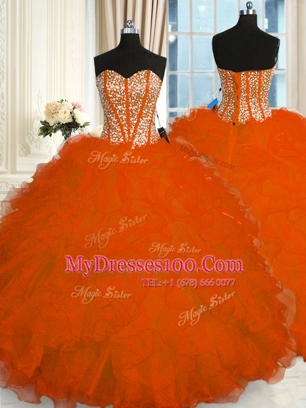 Red Ball Gowns Organza Sweetheart Sleeveless Beading and Ruffles Floor Length Lace Up Quinceanera Gowns