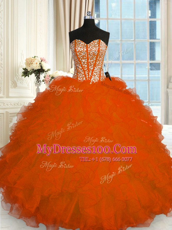 Red Ball Gowns Organza Sweetheart Sleeveless Beading and Ruffles Floor Length Lace Up Quinceanera Gowns