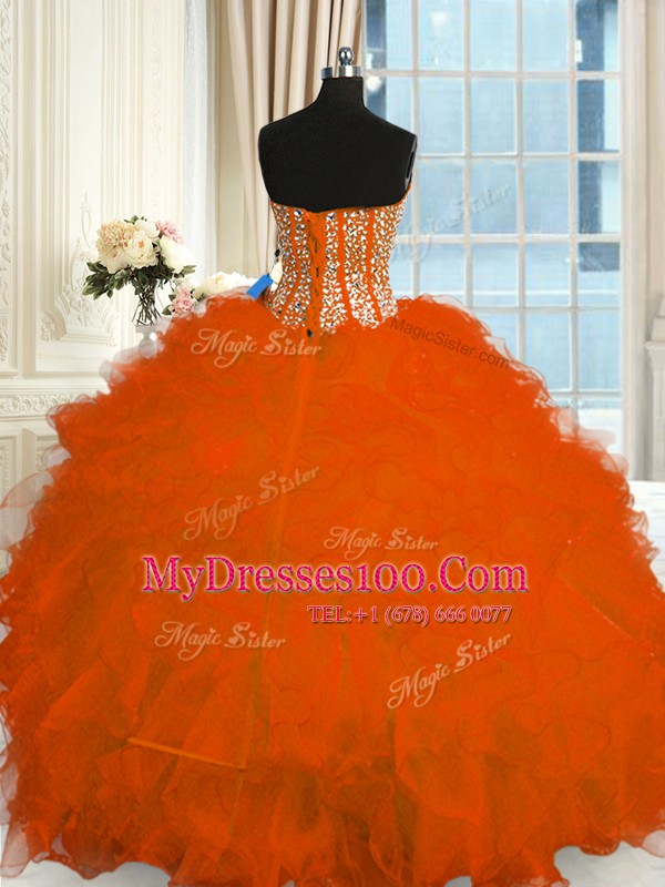 Red Ball Gowns Organza Sweetheart Sleeveless Beading and Ruffles Floor Length Lace Up Quinceanera Gowns