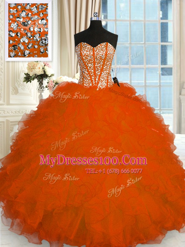 Red Ball Gowns Organza Sweetheart Sleeveless Beading and Ruffles Floor Length Lace Up Quinceanera Gowns