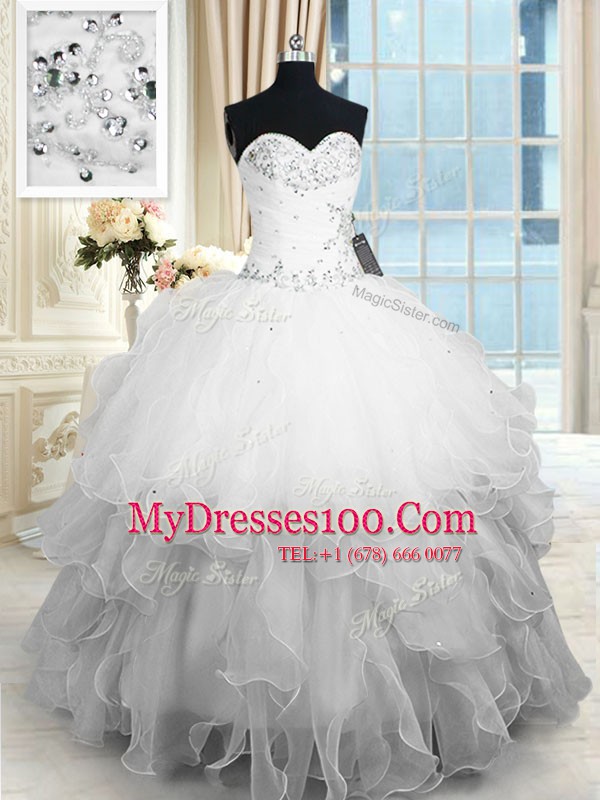 White Lace Up Sweetheart Beading and Ruffles Quinceanera Dress Organza Sleeveless