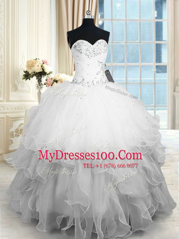 White Lace Up Sweetheart Beading and Ruffles Quinceanera Dress Organza Sleeveless