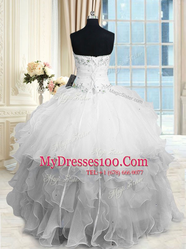 White Lace Up Sweetheart Beading and Ruffles Quinceanera Dress Organza Sleeveless