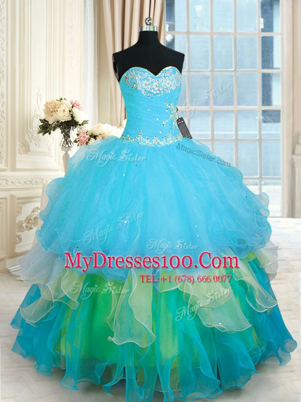 Organza Sleeveless Floor Length Quinceanera Dresses and Beading and Ruffled Layers