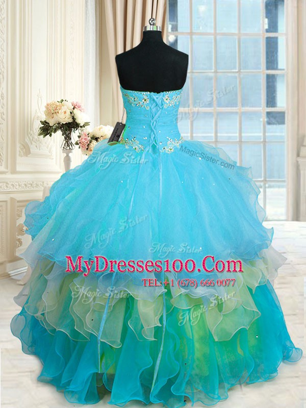 Organza Sleeveless Floor Length Quinceanera Dresses and Beading and Ruffled Layers