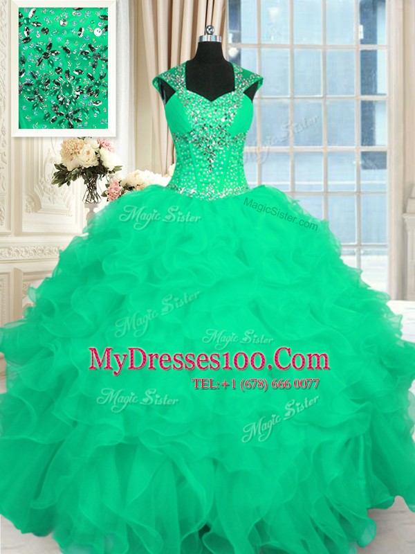 Straps Cap Sleeves Organza Quinceanera Gowns Beading and Ruffles and Pattern Lace Up