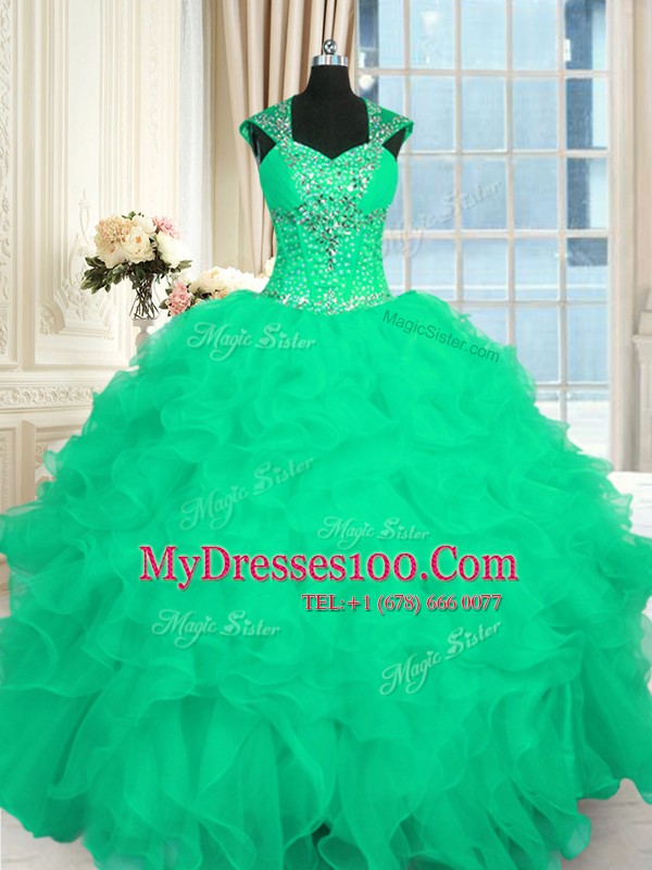 Straps Cap Sleeves Organza Quinceanera Gowns Beading and Ruffles and Pattern Lace Up