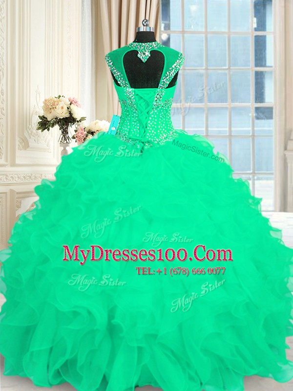 Straps Cap Sleeves Organza Quinceanera Gowns Beading and Ruffles and Pattern Lace Up