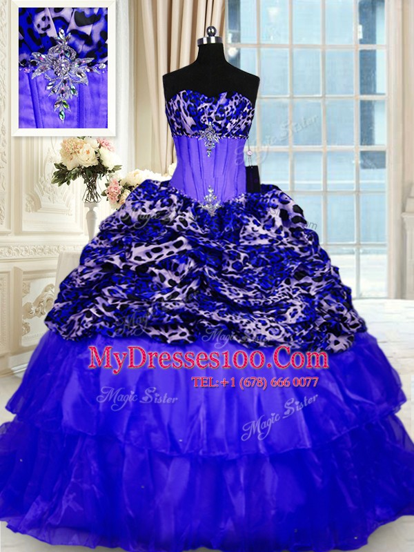 Amazing Royal Blue Ball Gowns Beading and Ruffled Layers and Sequins Quince Ball Gowns Lace Up Organza and Printed Sleeveless