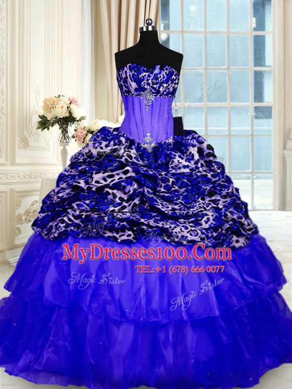 Amazing Royal Blue Ball Gowns Beading and Ruffled Layers and Sequins Quince Ball Gowns Lace Up Organza and Printed Sleeveless