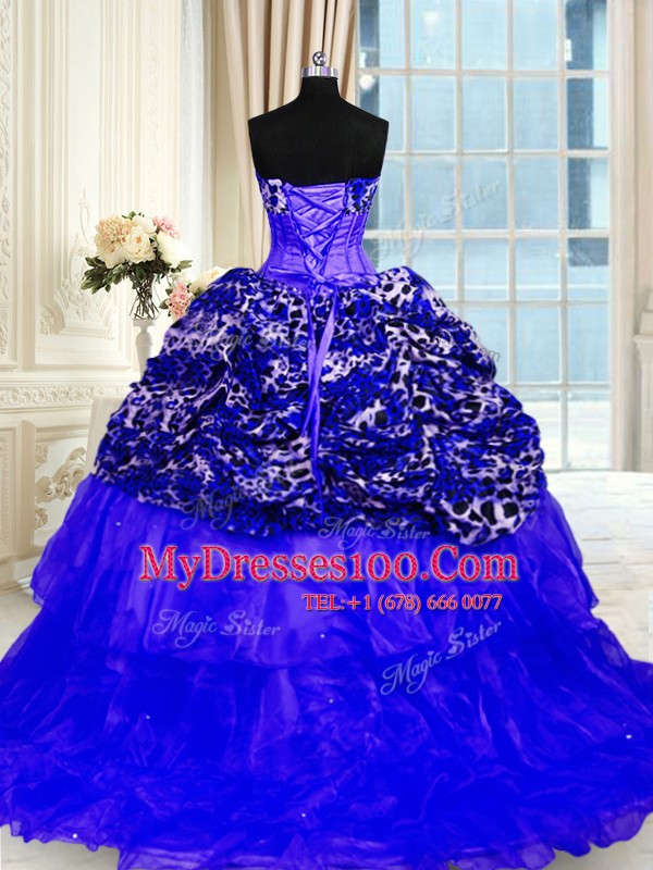 Amazing Royal Blue Ball Gowns Beading and Ruffled Layers and Sequins Quince Ball Gowns Lace Up Organza and Printed Sleeveless