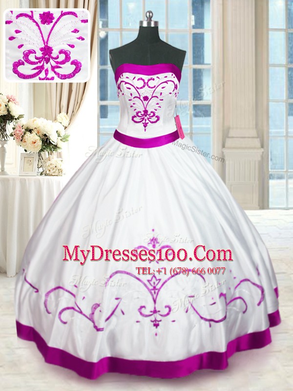 Beading and Embroidery and Belt Quinceanera Dress White Lace Up Sleeveless Floor Length