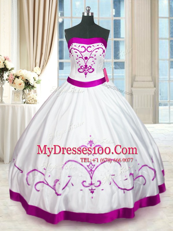 Beading and Embroidery and Belt Quinceanera Dress White Lace Up Sleeveless Floor Length