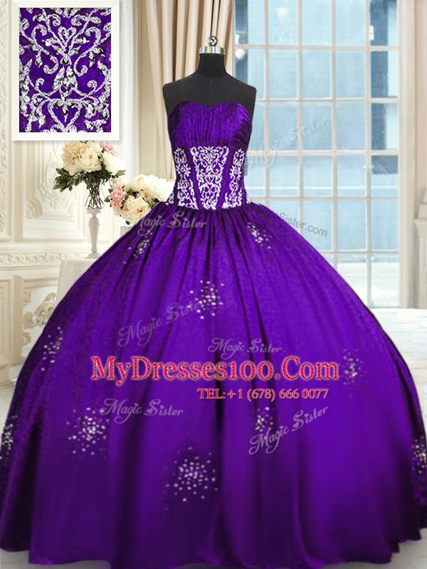 Beauteous Floor Length Purple Quinceanera Gowns Taffeta Sleeveless Beading and Appliques and Ruching