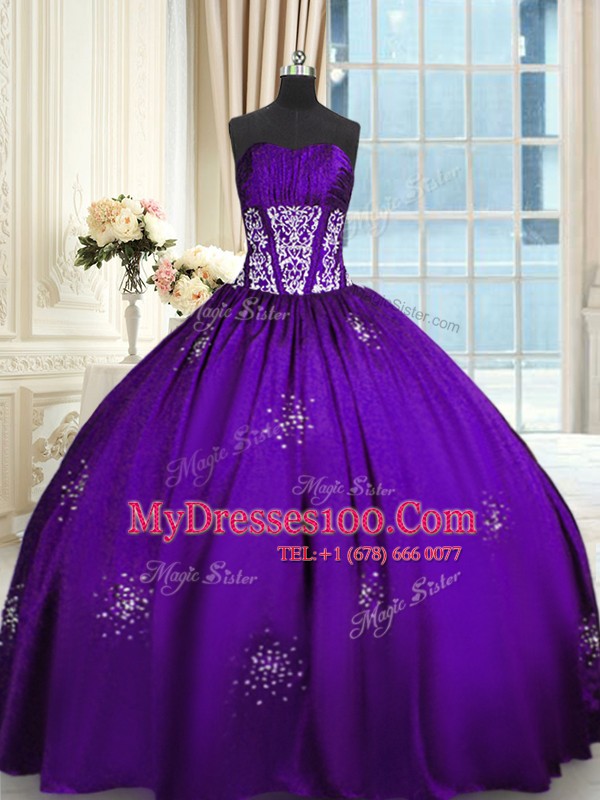 Beauteous Floor Length Purple Quinceanera Gowns Taffeta Sleeveless Beading and Appliques and Ruching