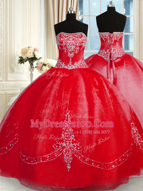 Red Strapless Neckline Beading and Embroidery Sweet 16 Dresses Sleeveless Lace Up