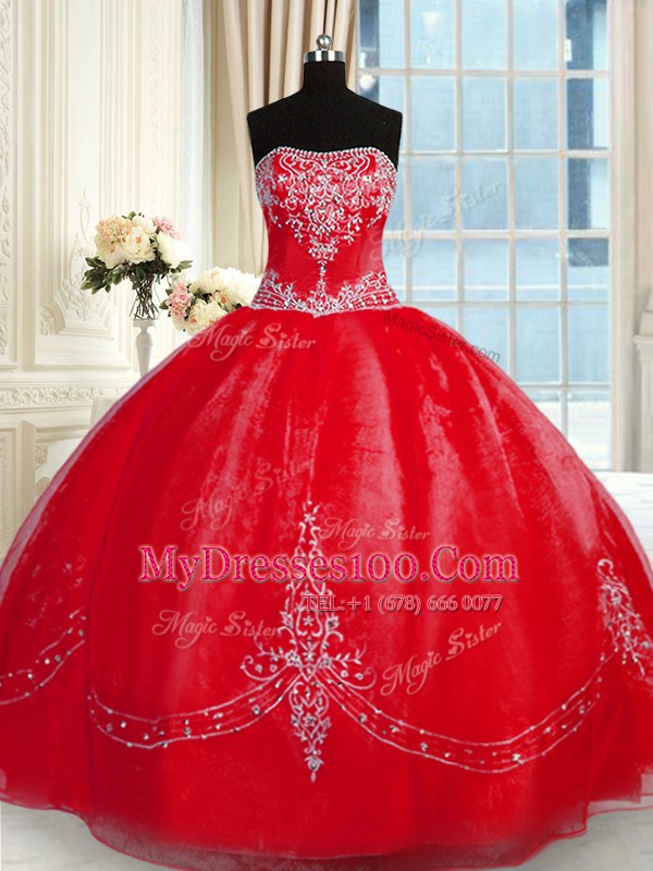 Red Strapless Neckline Beading and Embroidery Sweet 16 Dresses Sleeveless Lace Up