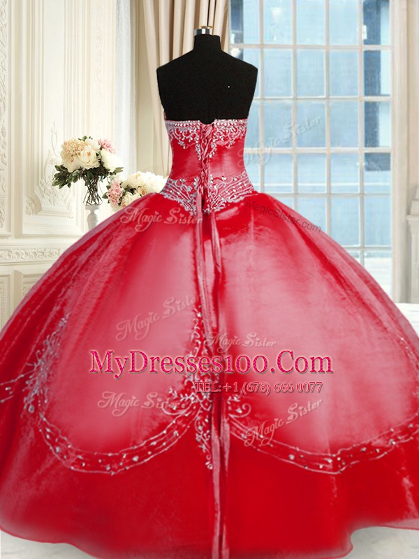 Red Strapless Neckline Beading and Embroidery Sweet 16 Dresses Sleeveless Lace Up