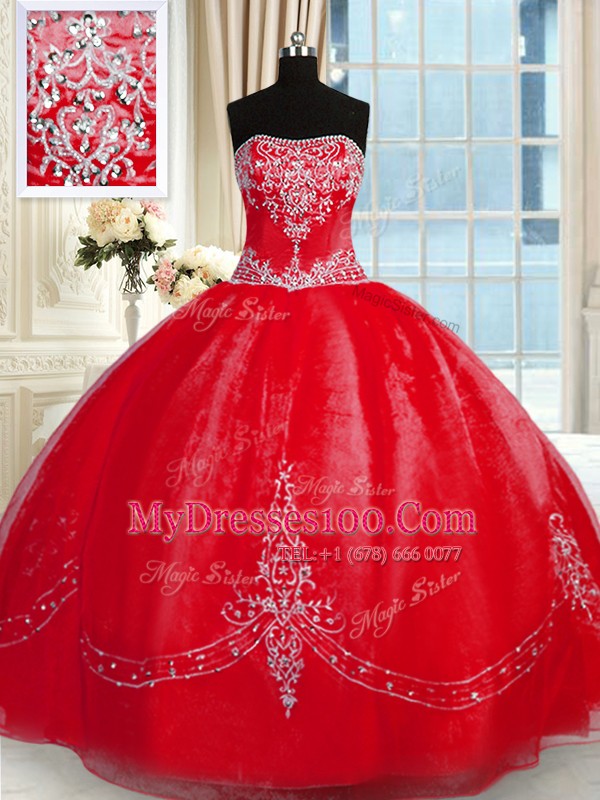 Red Strapless Neckline Beading and Embroidery Sweet 16 Dresses Sleeveless Lace Up