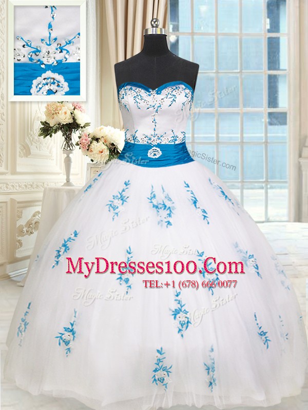White Sleeveless Embroidery and Belt Floor Length Sweet 16 Dresses
