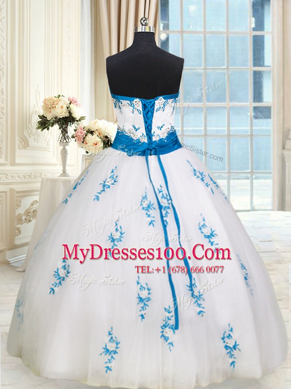 White Sleeveless Embroidery and Belt Floor Length Sweet 16 Dresses