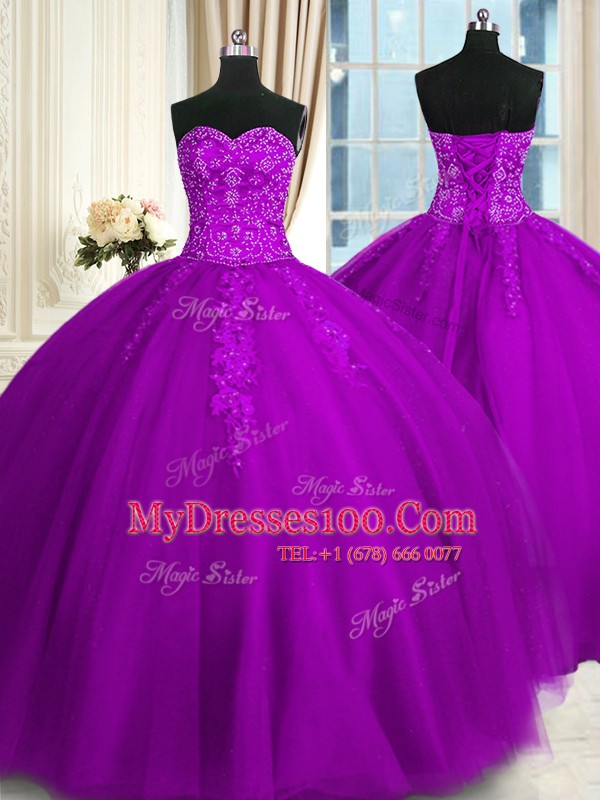 Fantastic Purple Ball Gowns Appliques and Embroidery Sweet 16 Dress Lace Up Tulle Sleeveless Floor Length