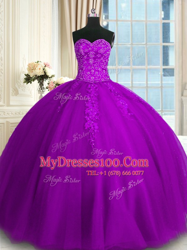 Fantastic Purple Ball Gowns Appliques and Embroidery Sweet 16 Dress Lace Up Tulle Sleeveless Floor Length