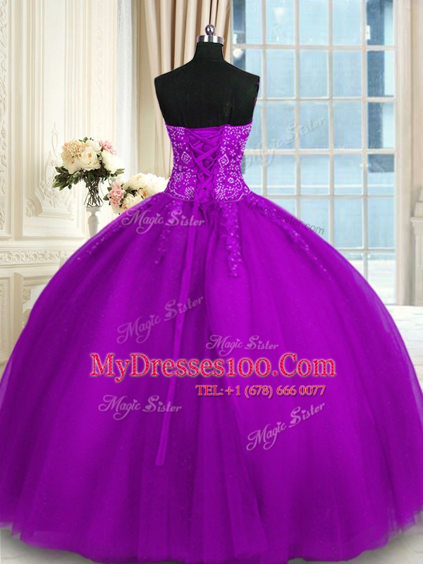 Fantastic Purple Ball Gowns Appliques and Embroidery Sweet 16 Dress Lace Up Tulle Sleeveless Floor Length