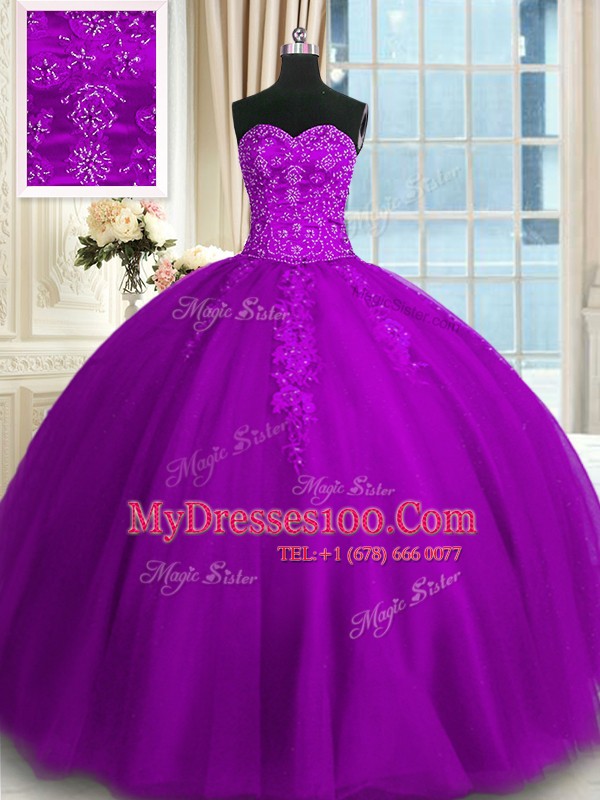 Fantastic Purple Ball Gowns Appliques and Embroidery Sweet 16 Dress Lace Up Tulle Sleeveless Floor Length