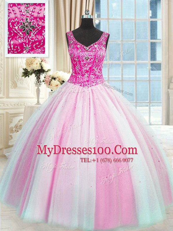 Sleeveless Floor Length Beading Lace Up Sweet 16 Dress with Baby Pink and Pink And White