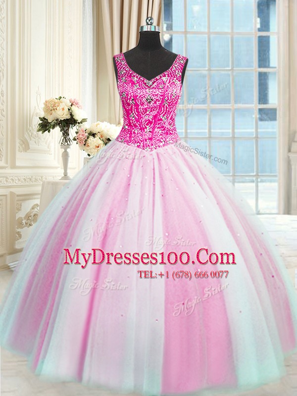 Sleeveless Floor Length Beading Lace Up Sweet 16 Dress with Baby Pink and Pink And White