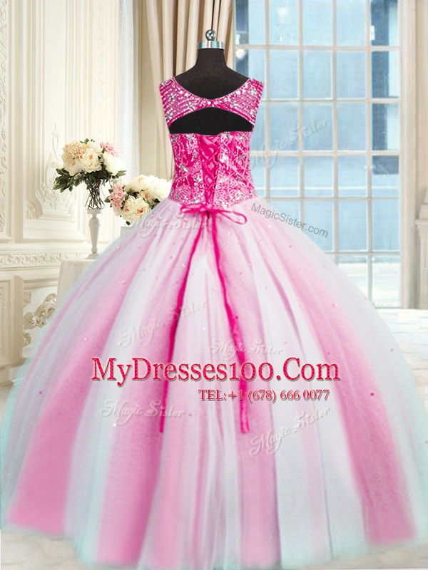Sleeveless Floor Length Beading Lace Up Sweet 16 Dress with Baby Pink and Pink And White