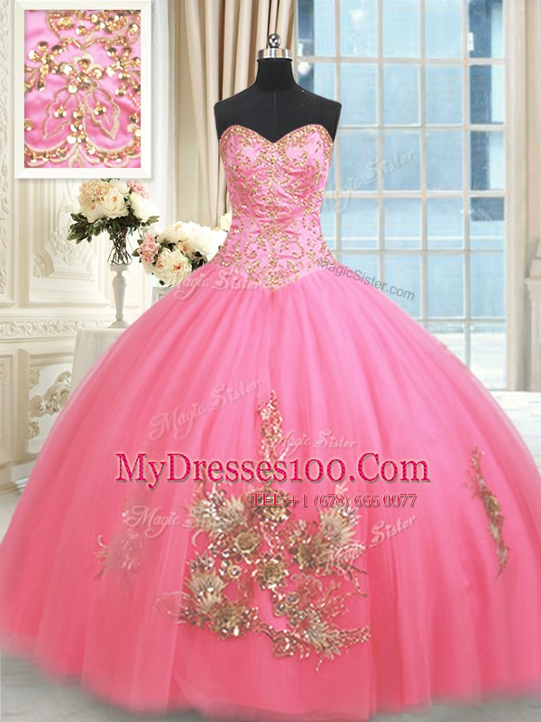Cute Rose Pink Lace Up Sweetheart Beading and Appliques and Embroidery 15 Quinceanera Dress Tulle Sleeveless