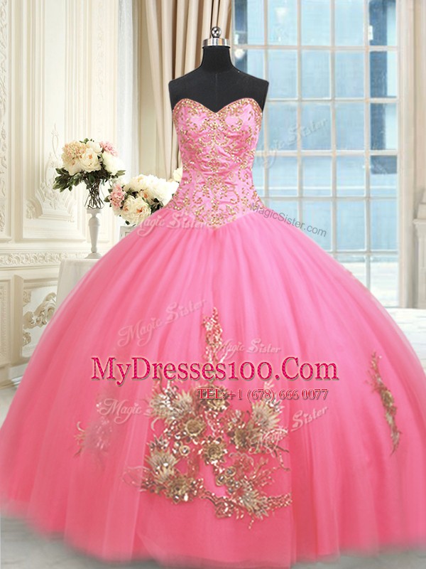 Cute Rose Pink Lace Up Sweetheart Beading and Appliques and Embroidery 15 Quinceanera Dress Tulle Sleeveless