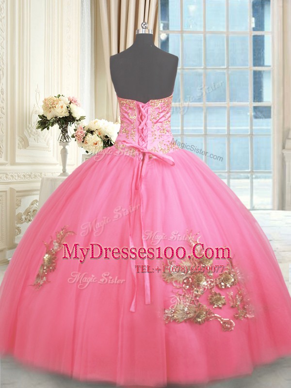 Cute Rose Pink Lace Up Sweetheart Beading and Appliques and Embroidery 15 Quinceanera Dress Tulle Sleeveless