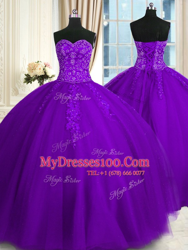 Purple Sleeveless Appliques Floor Length Ball Gown Prom Dress