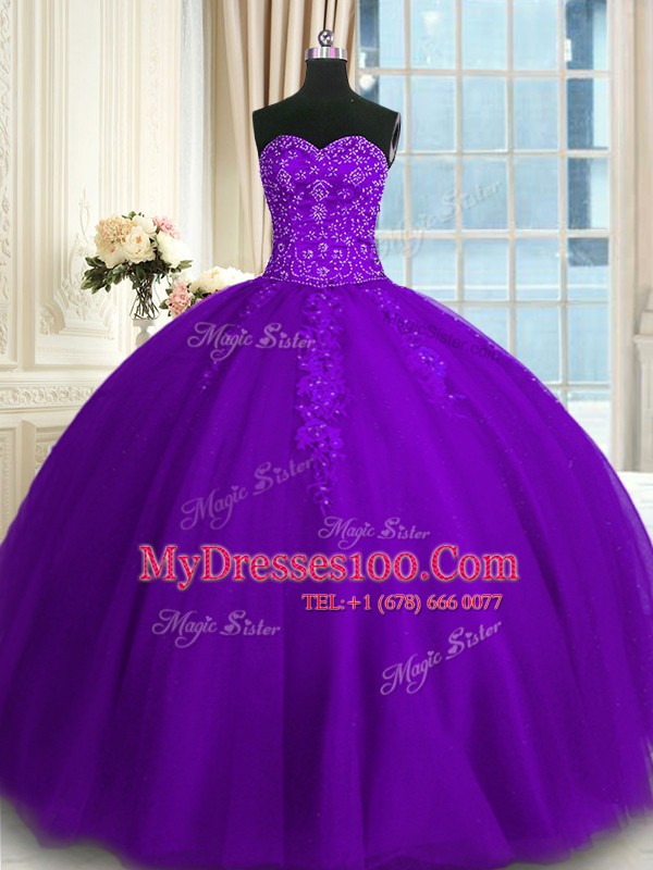 Purple Sleeveless Appliques Floor Length Ball Gown Prom Dress