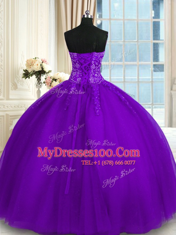 Purple Sleeveless Appliques Floor Length Ball Gown Prom Dress