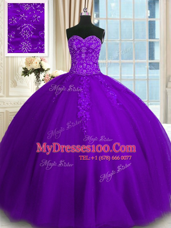 Purple Sleeveless Appliques Floor Length Ball Gown Prom Dress