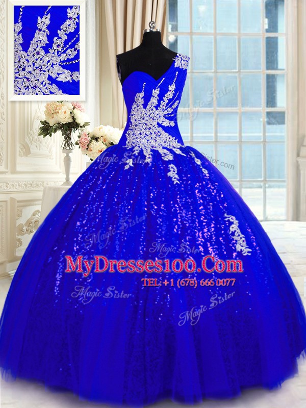 One Shoulder Royal Blue Tulle and Sequined Lace Up Sweet 16 Dress Sleeveless Floor Length Appliques