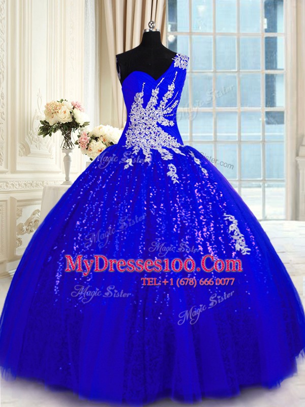 One Shoulder Royal Blue Tulle and Sequined Lace Up Sweet 16 Dress Sleeveless Floor Length Appliques