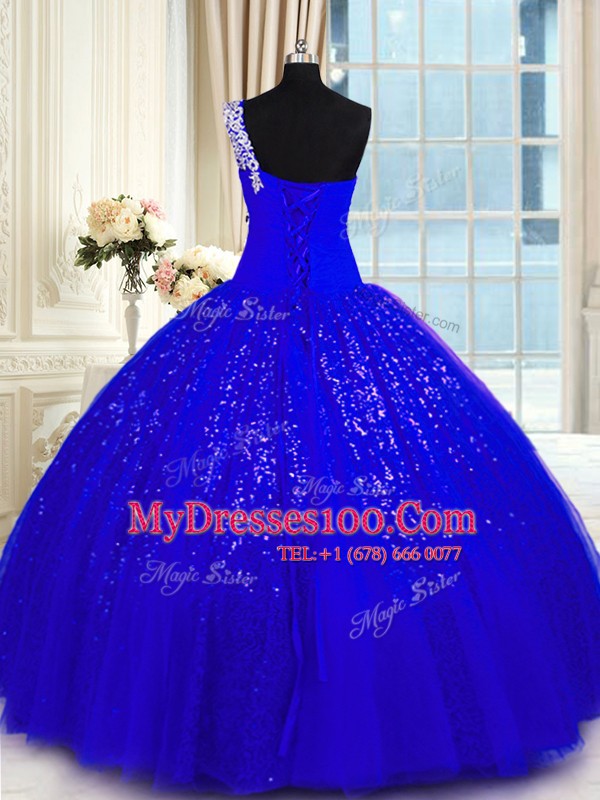 One Shoulder Royal Blue Tulle and Sequined Lace Up Sweet 16 Dress Sleeveless Floor Length Appliques