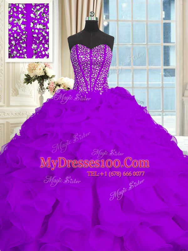 Captivating Eggplant Purple Sweetheart Neckline Beading and Ruffles Sweet 16 Dress Sleeveless Lace Up