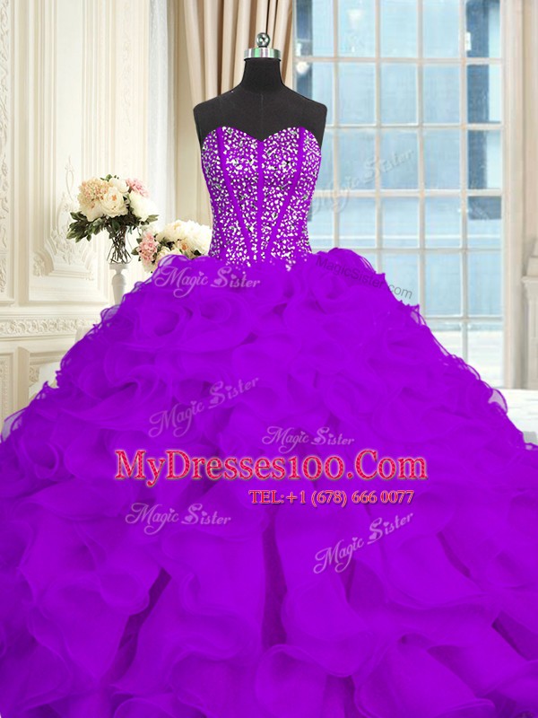 Captivating Eggplant Purple Sweetheart Neckline Beading and Ruffles Sweet 16 Dress Sleeveless Lace Up
