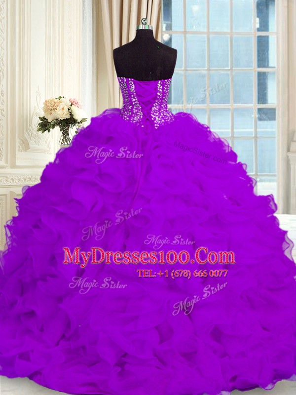 Captivating Eggplant Purple Sweetheart Neckline Beading and Ruffles Sweet 16 Dress Sleeveless Lace Up