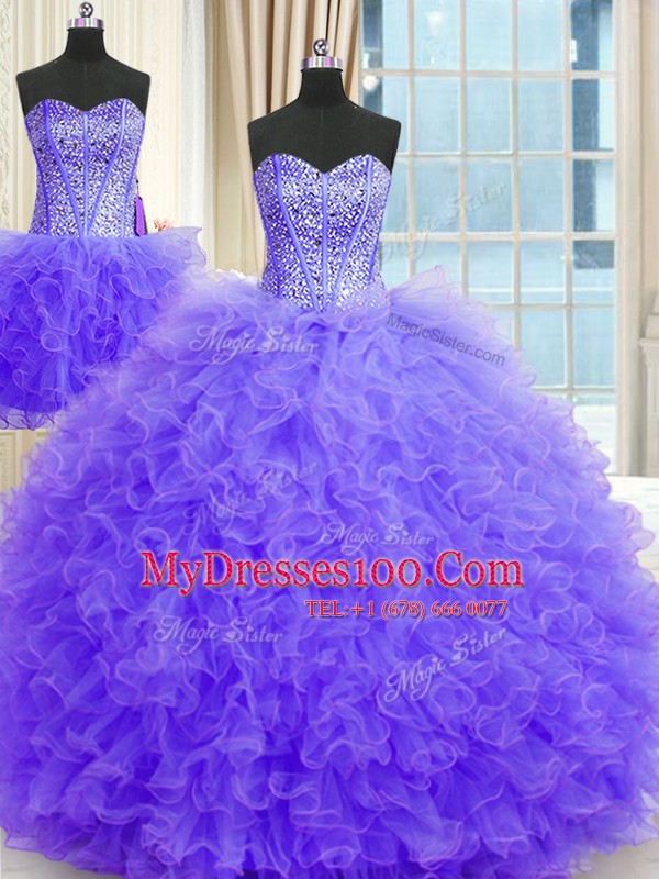 Three Piece Sleeveless Beading and Ruffles Lace Up Quinceanera Gowns