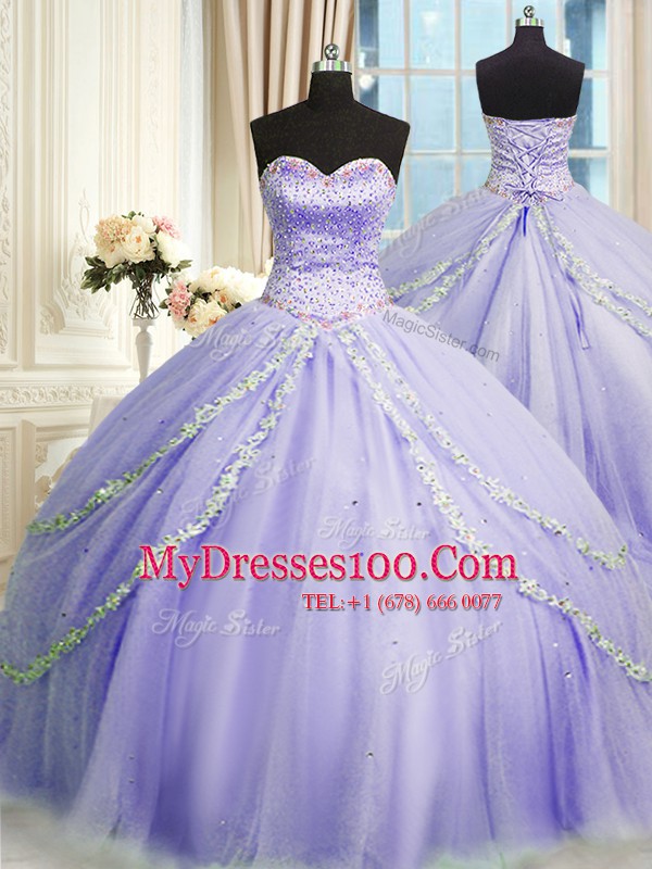 Fabulous Sleeveless With Train Beading and Appliques Lace Up Quinceanera Gowns with Lavender Court Train